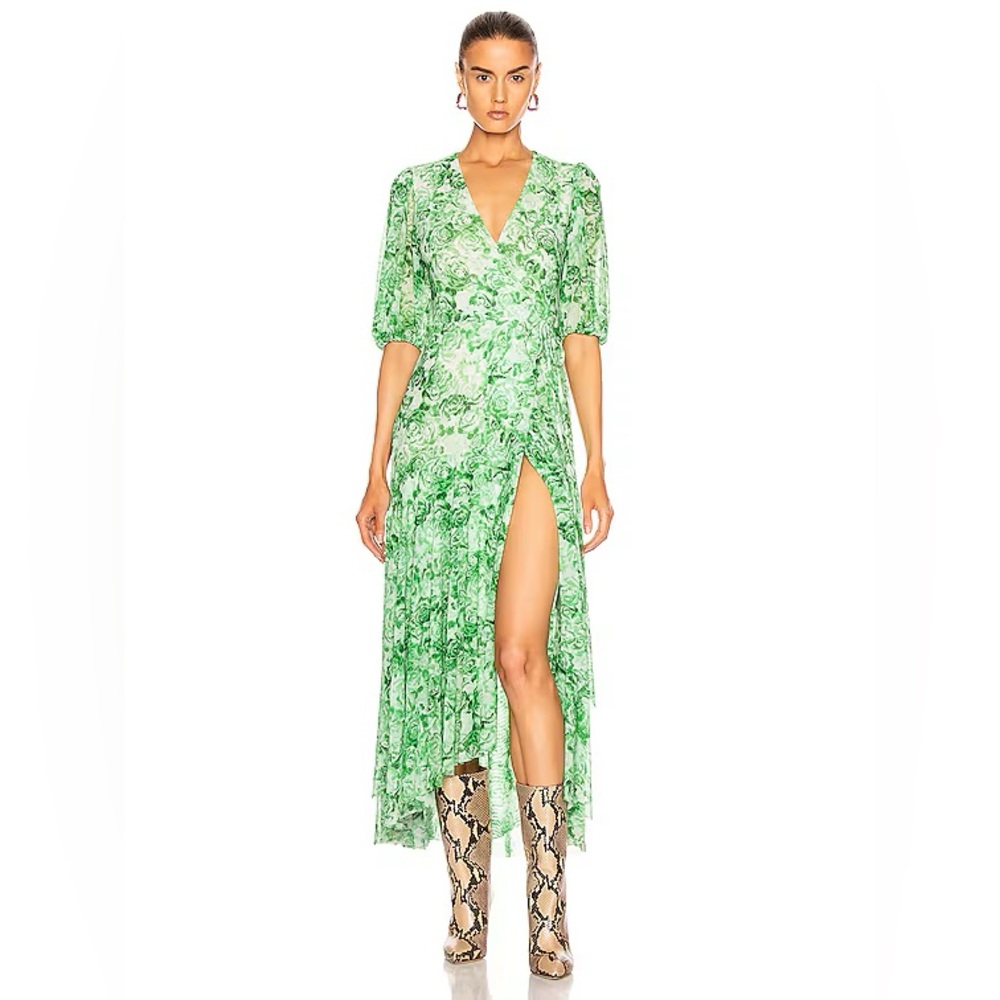 GANNI printed mesh wrap dress Island green